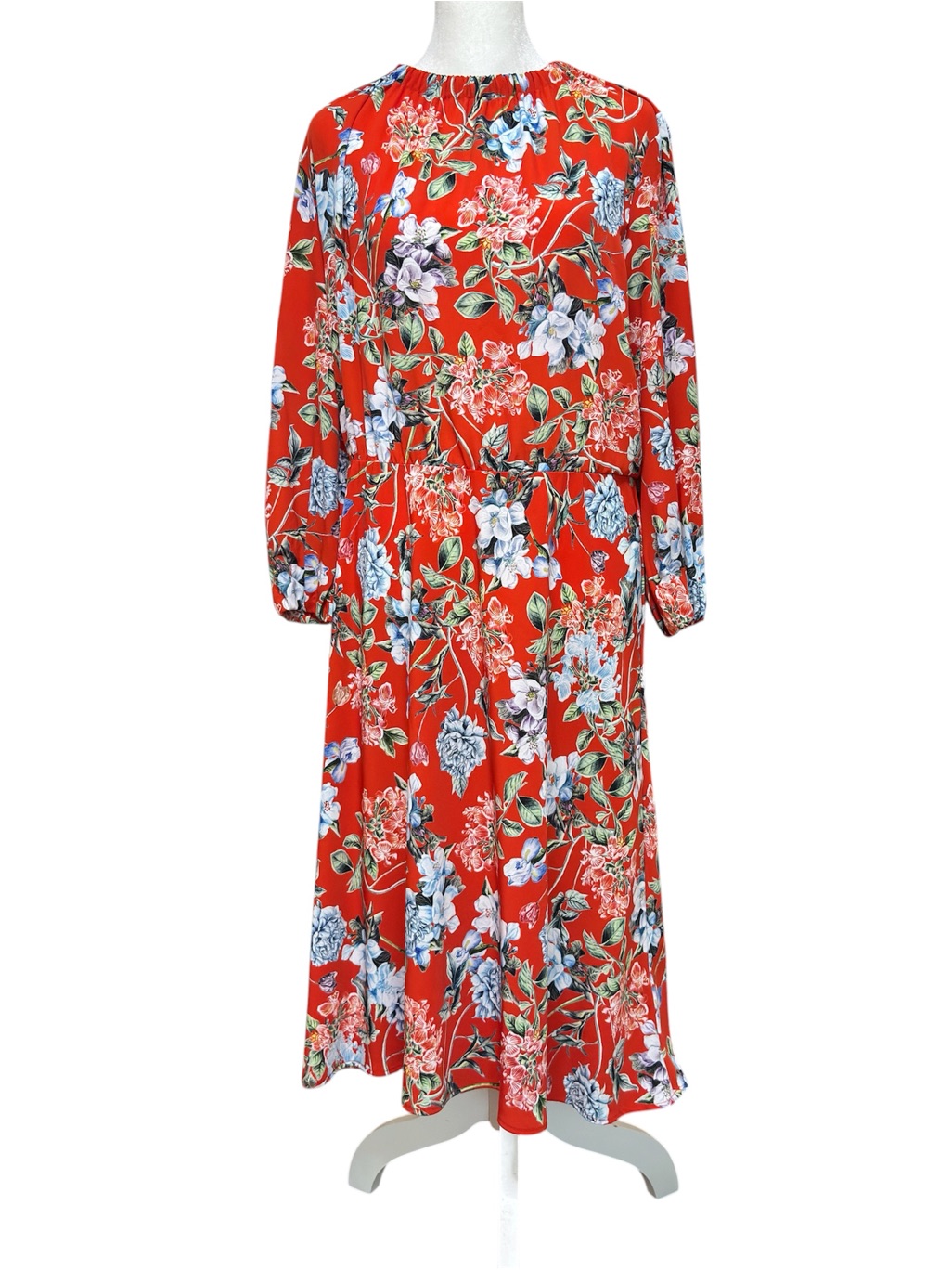 H&M Red Floral Midi Dress With Blue & Green Accents